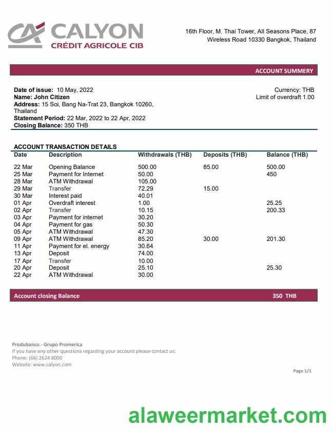 Thailand Calyon bank statement